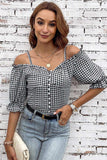 Plaid Buttoned Sweetheart Neck Cold-Shoulder Top - Trendsi