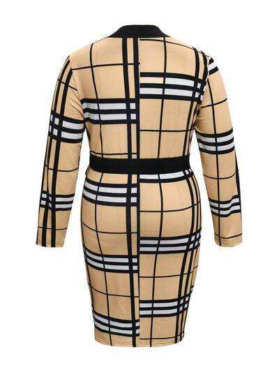 Plus Size Plaid V-Neck Long Sleeve Wrap Dress - Trendsi - Flyclothing LLC
