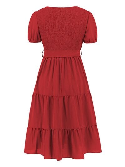 Smocked Tie Front Short Sleeve Tiered Dress - Flyclothing LLC