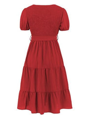 Smocked Tie Front Short Sleeve Tiered Dress - Flyclothing LLC