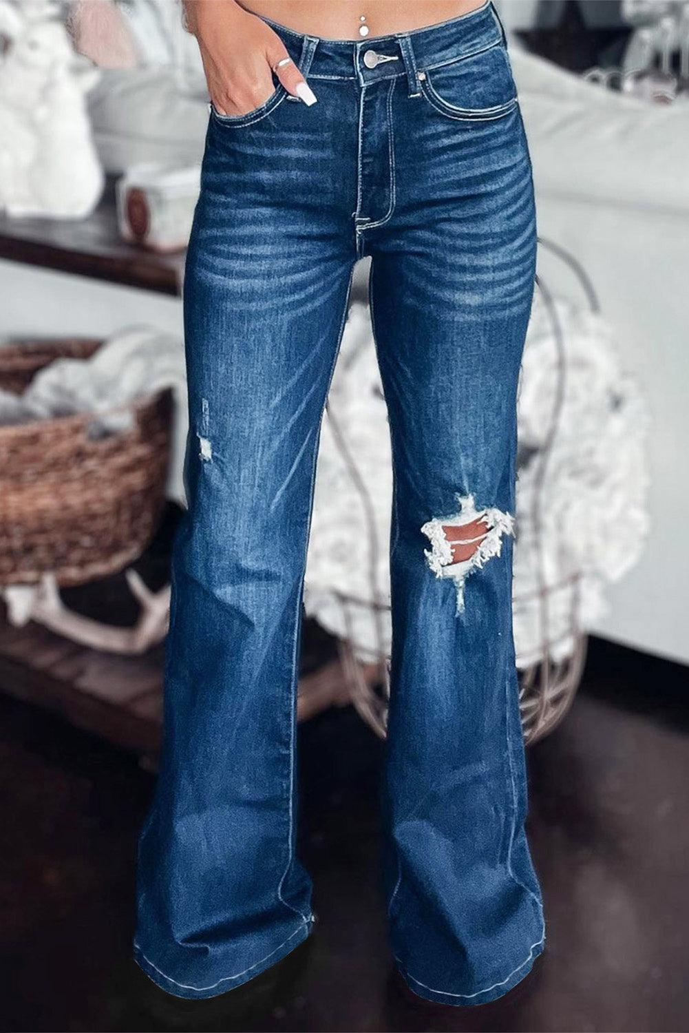 Asymmetrical Open Knee Distressed Flare Jeans - Flyclothing LLC