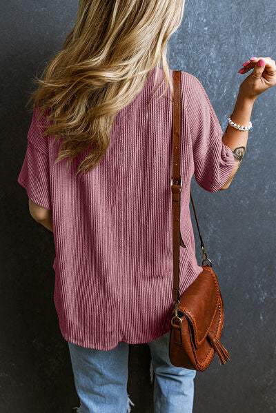Textured V-Neck Dropped Shoulder T-Shirt - Trendsi - Flyclothing LLC
