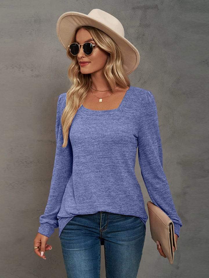 Heathered Square Neck Long Sleeve T-Shirt - Trendsi - Flyclothing LLC