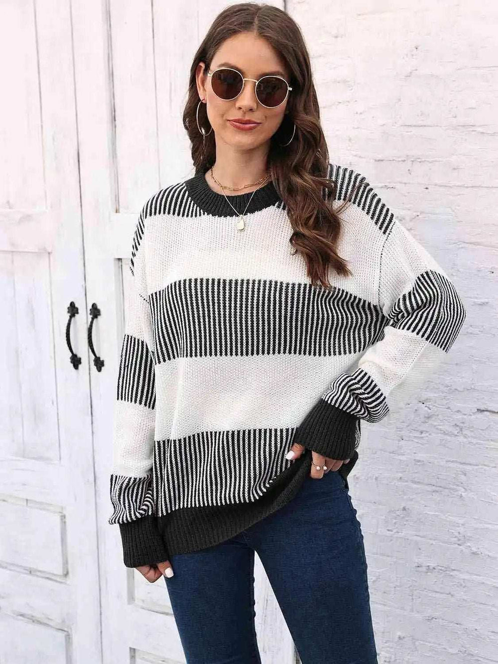 Full Size Round Neck Drop Shoulder Sweater - Trendsi - Flyclothing LLC