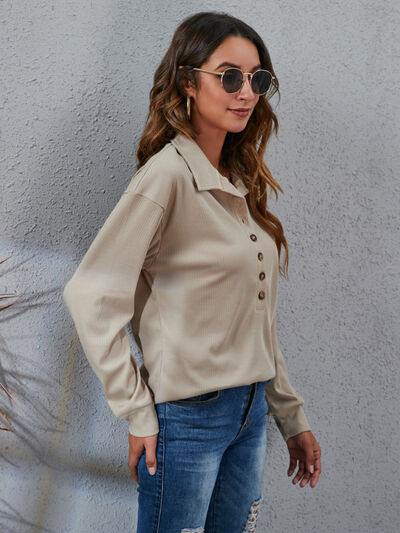 Half Button Dropped Shoulder Blouse - Trendsi