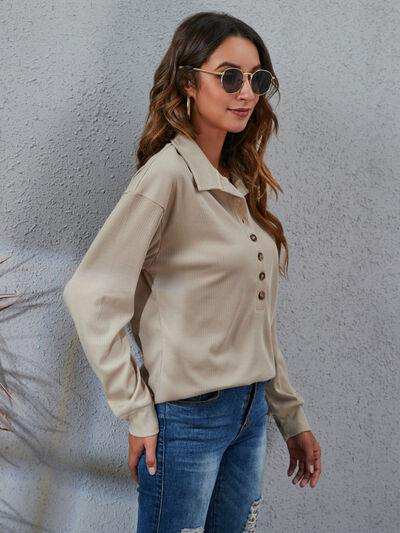 Half Button Dropped Shoulder Blouse - Trendsi - Flyclothing LLC