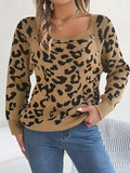 Leopard Buttoned Square Neck Sweater - Trendsi