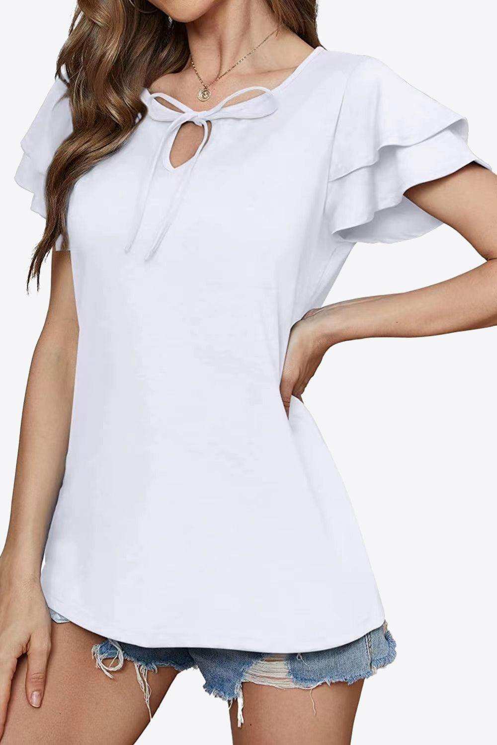 Tie-Neck Layered Flutter Sleeve Blouse - Trendsi - Flyclothing LLC