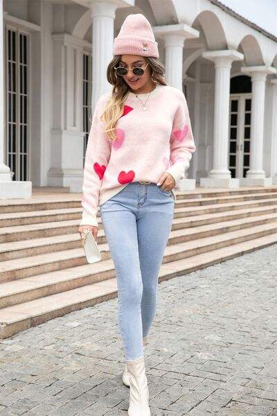 Heart Round Neck Droppped Shoulder Sweater - Trendsi - Flyclothing LLC