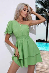 Layered Single Shoulder Flounce Sleeve Mini Dress - Trendsi - Flyclothing LLC