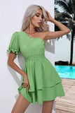 Layered Single Shoulder Flounce Sleeve Mini Dress - Trendsi - Flyclothing LLC