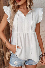 Swiss Dot Tie-Neck Flutter Sleeve Peplum Blouse - Trendsi - Flyclothing LLC