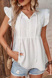 Swiss Dot Tie-Neck Flutter Sleeve Peplum Blouse - Trendsi