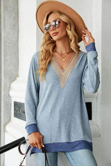 Slit V-Neck Long Sleeve T-Shirt - Trendsi - Flyclothing LLC