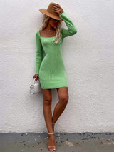 Tie Back Square Neck Long Sleeve Sweater Dress - Trendsi - Flyclothing LLC