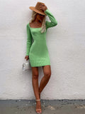 Tie Back Square Neck Long Sleeve Sweater Dress - Trendsi