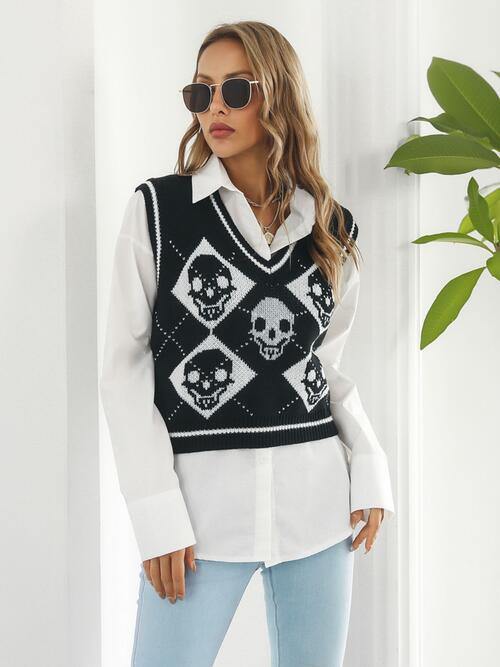 Skull Contrast V-Neck Sweater Vest - Flyclothing LLC