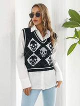Skull Contrast V-Neck Sweater Vest - Trendsi - Flyclothing LLC