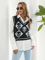 Skull Contrast V-Neck Sweater Vest - Flyclothing LLC