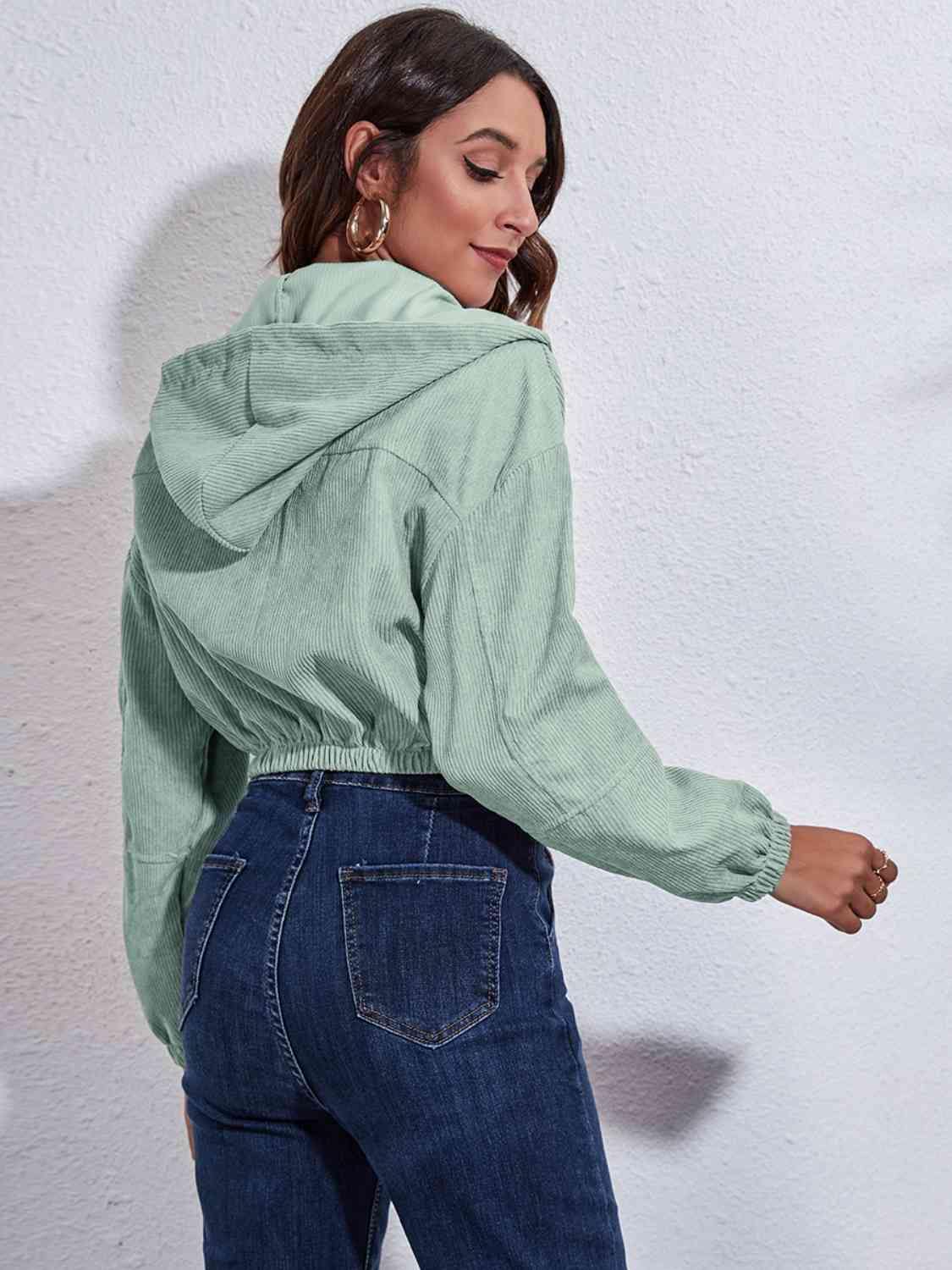 Drawstring Hooded Zip Up Jacket with Pockets - Trendsi