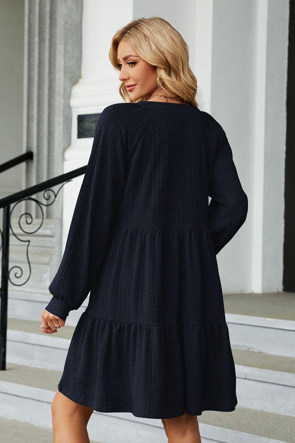 Notched Neck Long Sleeve Mini Dress - Trendsi