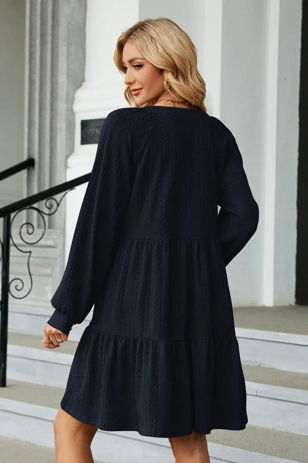 Notched Neck Long Sleeve Mini Dress - Trendsi - Flyclothing LLC