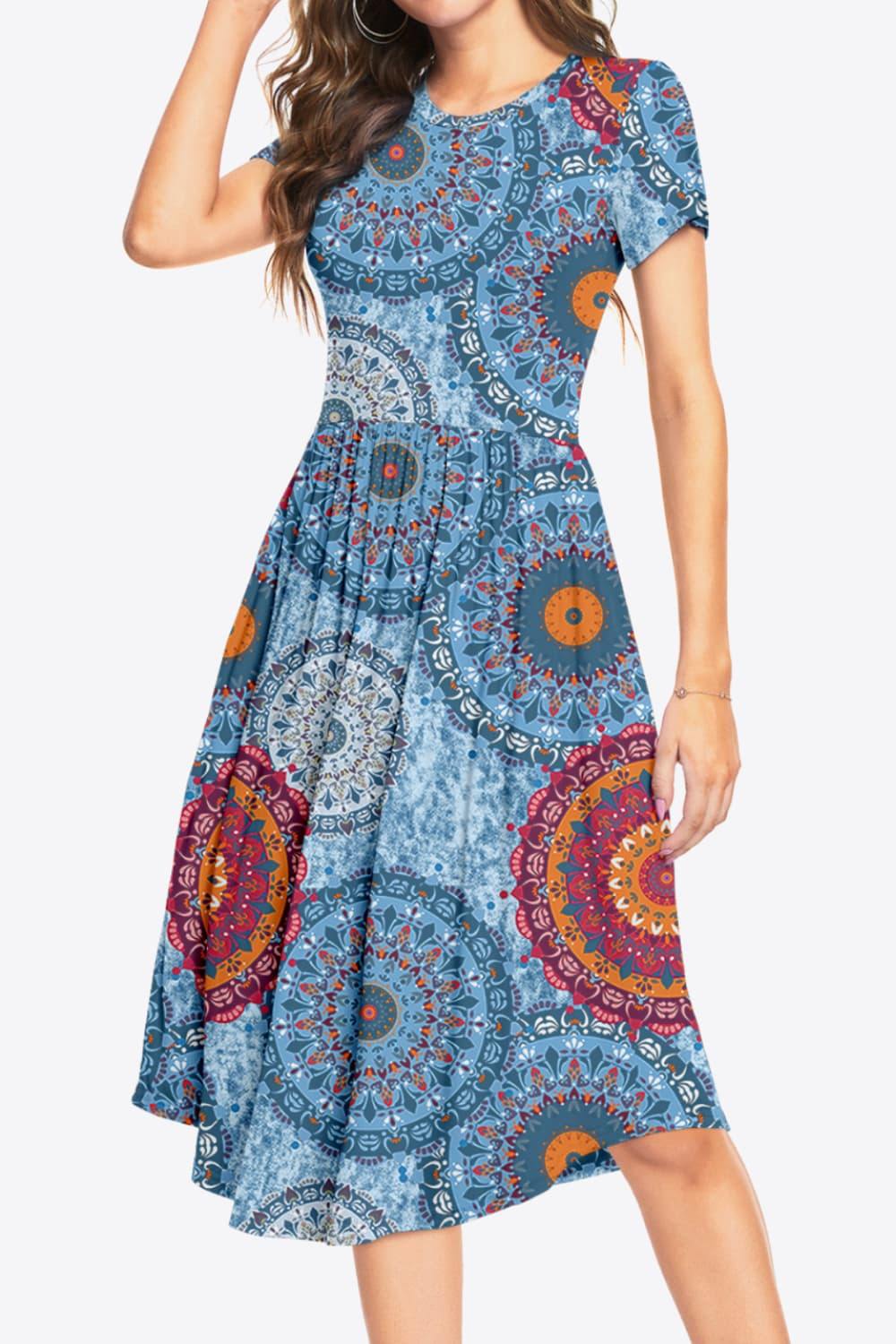 Printed Round Neck Short Sleeve Dress with Pockets - Trendsi