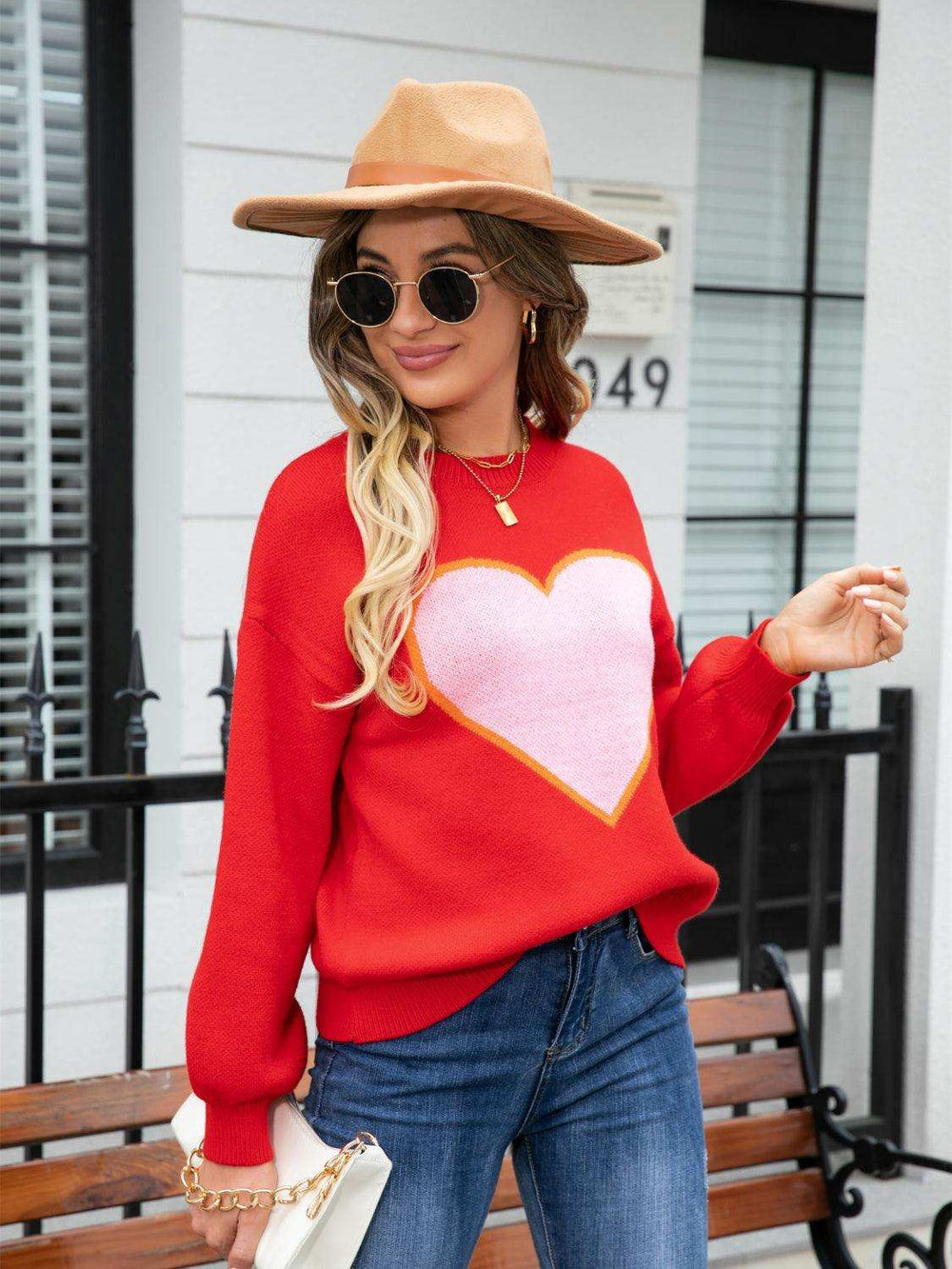 Heart Graphic Round Neck Sweater - Trendsi - Flyclothing LLC