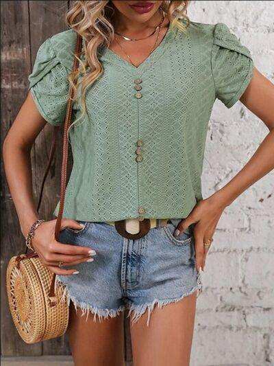 Eyelet V-Neck Petal Sleeve T-Shirt - Trendsi - Flyclothing LLC