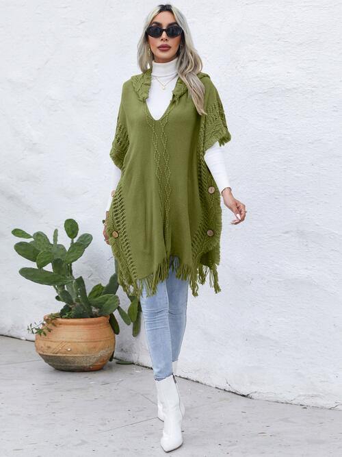 Fringe Trim Buttoned Hooded Poncho - Trendsi