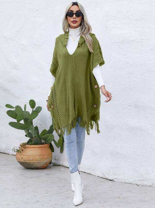 Fringe Trim Buttoned Hooded Poncho - Trendsi - Flyclothing LLC