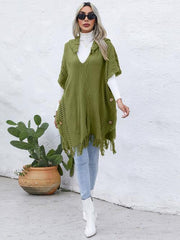 Fringe Trim Buttoned Hooded Poncho - Trendsi