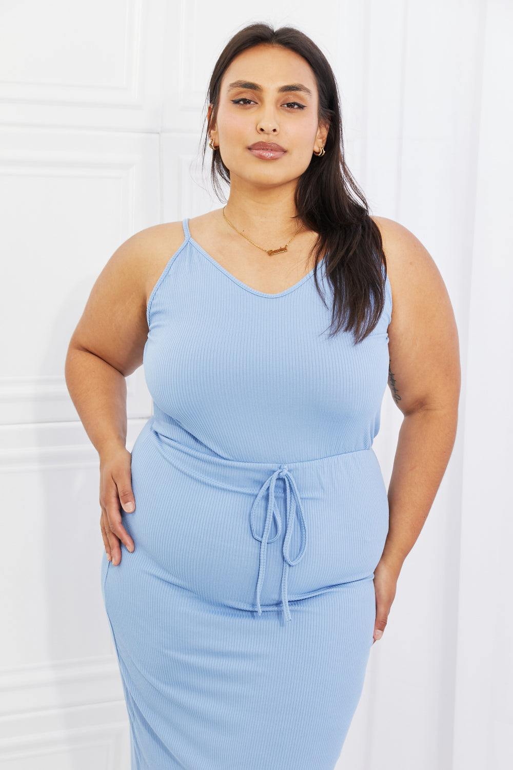 Capella Flatter Me Full Size Ribbed Front Tie Midi Dress in Pastel Blue - Trendsi