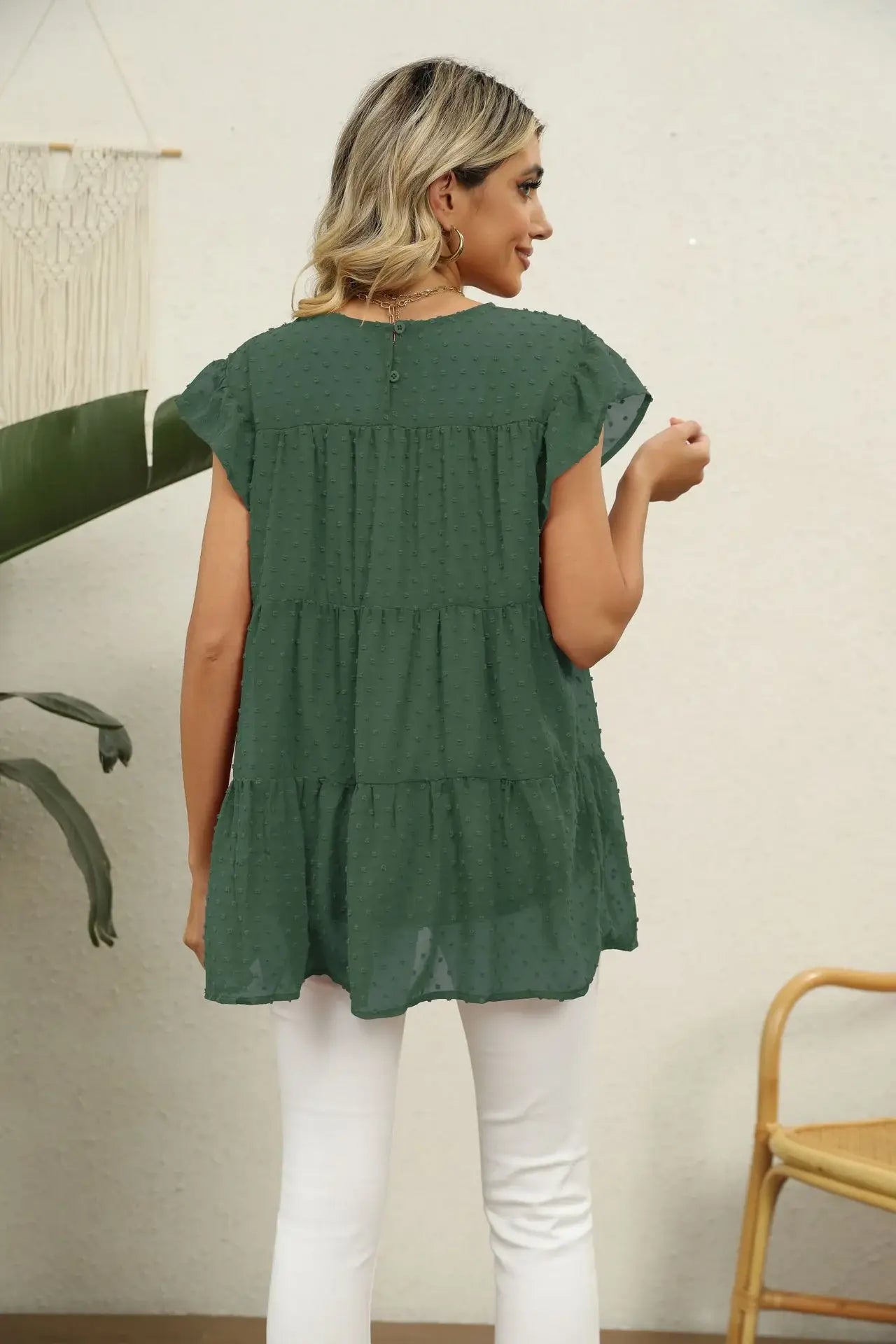 Swiss Dot Round Neck Tiered Blouse - Trendsi - Flyclothing LLC