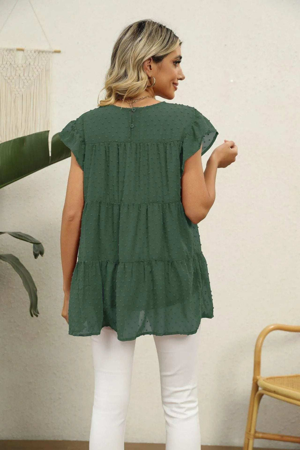 Swiss Dot Round Neck Tiered Blouse - Trendsi - Flyclothing LLC