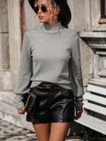 Mock Neck Ribbed Lantern Sleeve Pullover Sweater - Trendsi