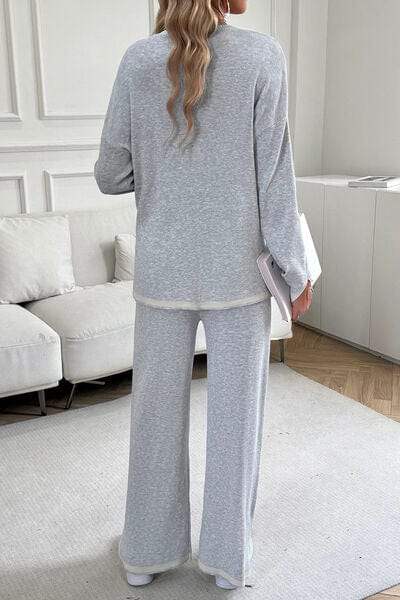Contrast Trim Round Neck Top and Pants Set - Trendsi - Flyclothing LLC