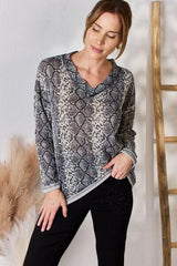 Hailey & Co Full Size Snakeskin V-Neck Long Sleeve Top - Trendsi