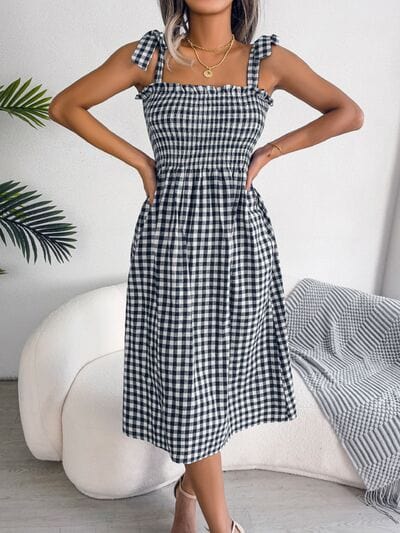 Frill Plaid Square Neck Midi Dress - Trendsi