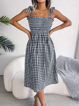 Frill Plaid Square Neck Midi Dress - Trendsi - Flyclothing LLC