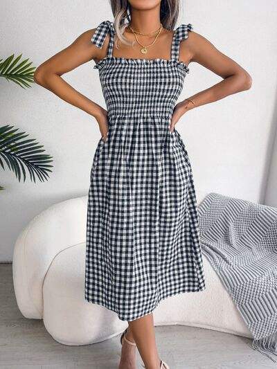 Frill Plaid Square Neck Midi Dress - Trendsi - Flyclothing LLC