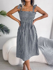 Frill Plaid Square Neck Midi Dress - Trendsi