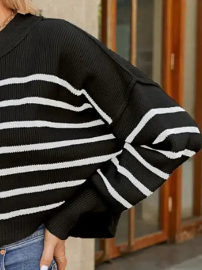 Round Neck Striped Lantern Sleeve Sweater - Trendsi - Flyclothing LLC