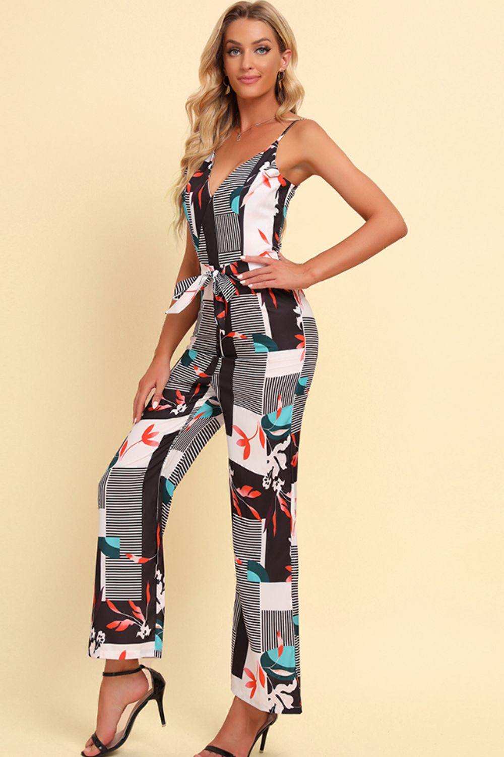 Printed Spaghetti Strap Tied Jumpsuit - Trendsi - Flyclothing LLC