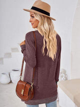 Crochet Contrast V-Neck Long Sleeve Slit T-Shirt - Trendsi - Flyclothing LLC