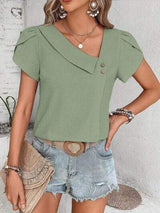 Decorative Button Asymmetrical Neck Blouse - Trendsi - Flyclothing LLC