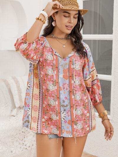 Plus Size Printed Tie Neck Balloon Sleeve Blouse - Trendsi - Flyclothing LLC