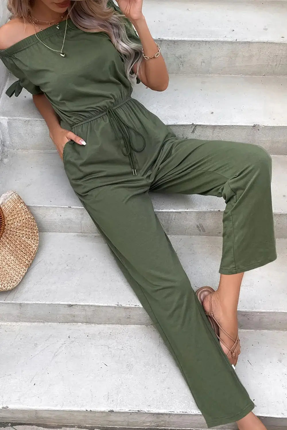 Off-Shoulder Tie Cuff Jumpsuit with Pockets - Trendsi - Flyclothing LLC