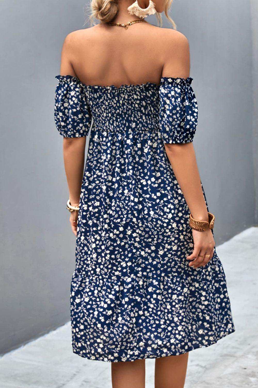 Ditsy Floral Smocked Frill Trim Off-Shoulder Dress - Trendsi - Flyclothing LLC