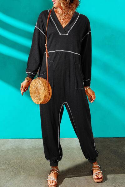 Contrast Stitching Pocketed Dropped Shoulder Jumpsuit - Trendsi